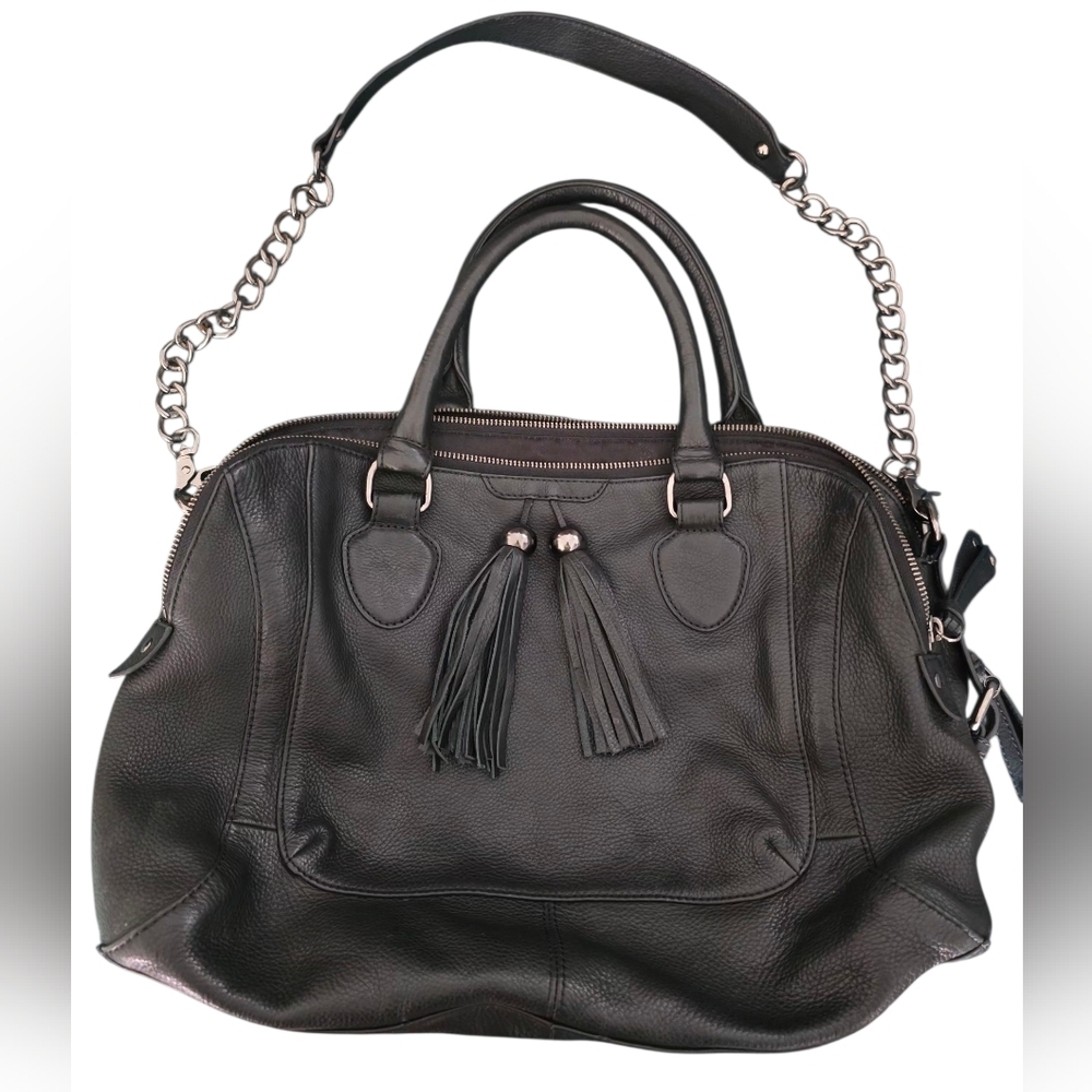 Audrey Brooke Black Leather Tassel Tote with Chain Strap